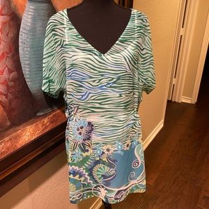 Resort beach cover up Bianca Nygard blue green tropical dress